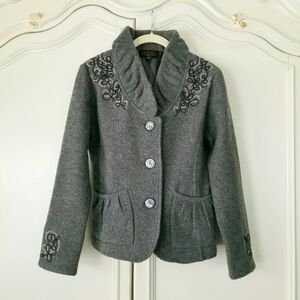 Icelandic Design Gray Wool Ruched Collar Embroidered Jacket Womens Small